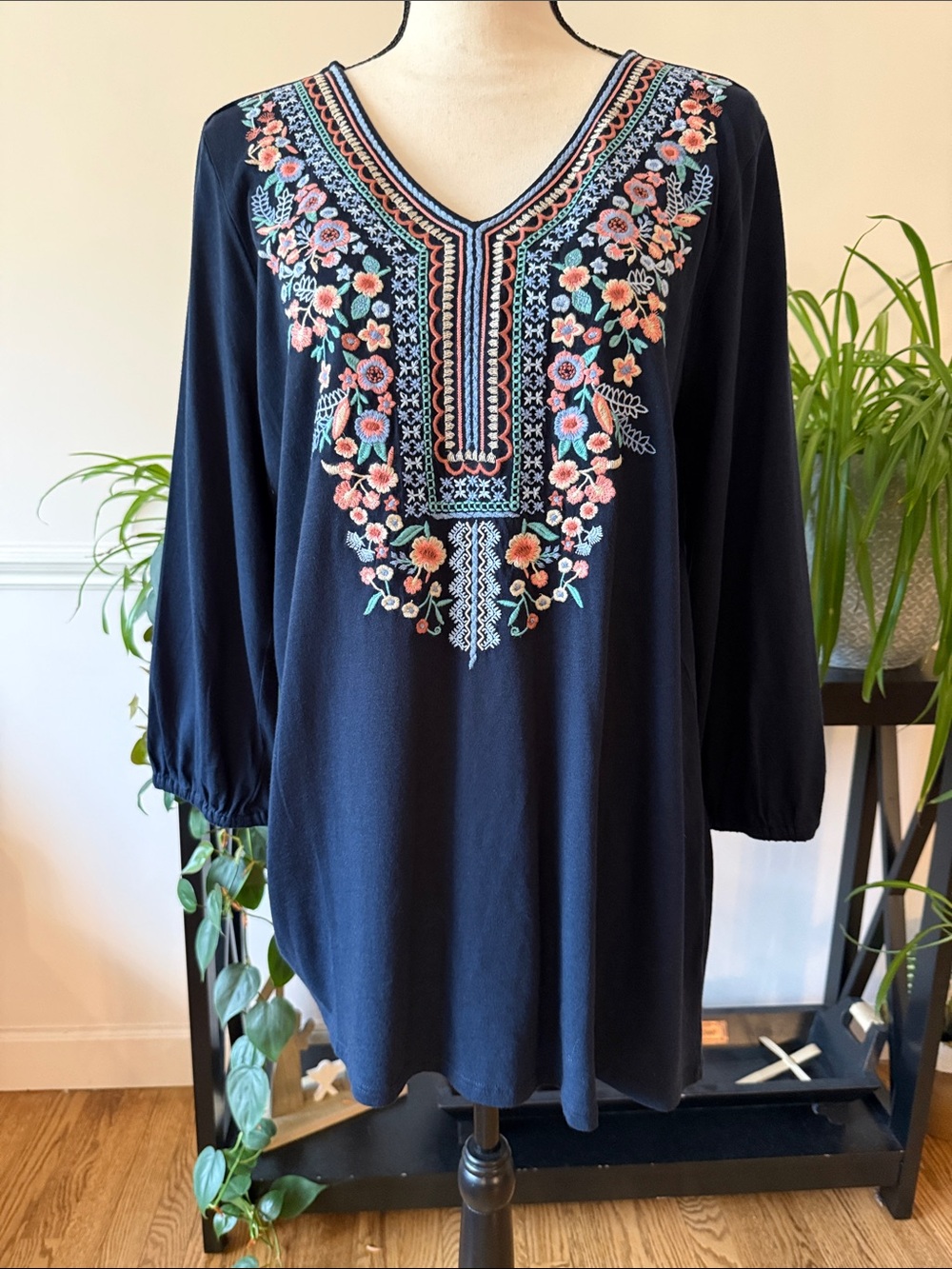 J. Jill Navy Tunic with Coral & Aqua Floral Embroidery